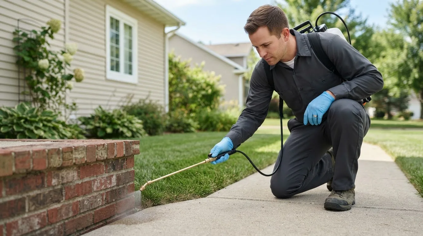 Pest control technician treating a home near Ellisville, IL