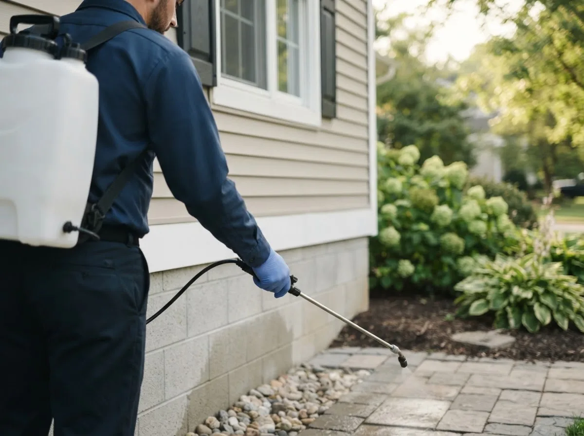 Pest control technician inspecting a home in Ellisville, IL